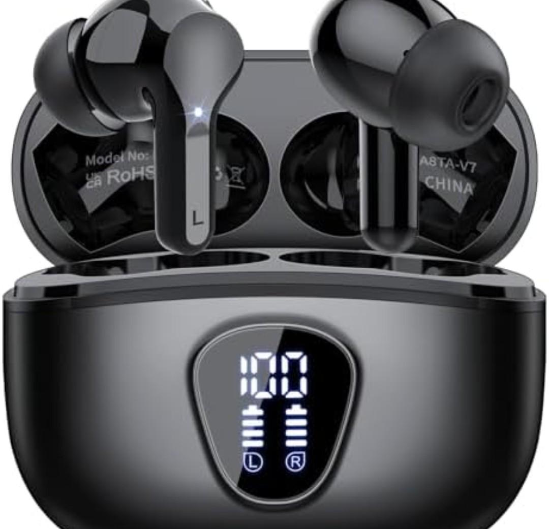 Wireless Earbuds, Bluetooth 5.4 Headphones HiFi Stereo, Bluetooth Earbuds with ENC Noise Cancelling Mic, IP7 Waterproof in Ear Earphones, 48H, LED Display Ear Buds for Pad Workout Sports, Black