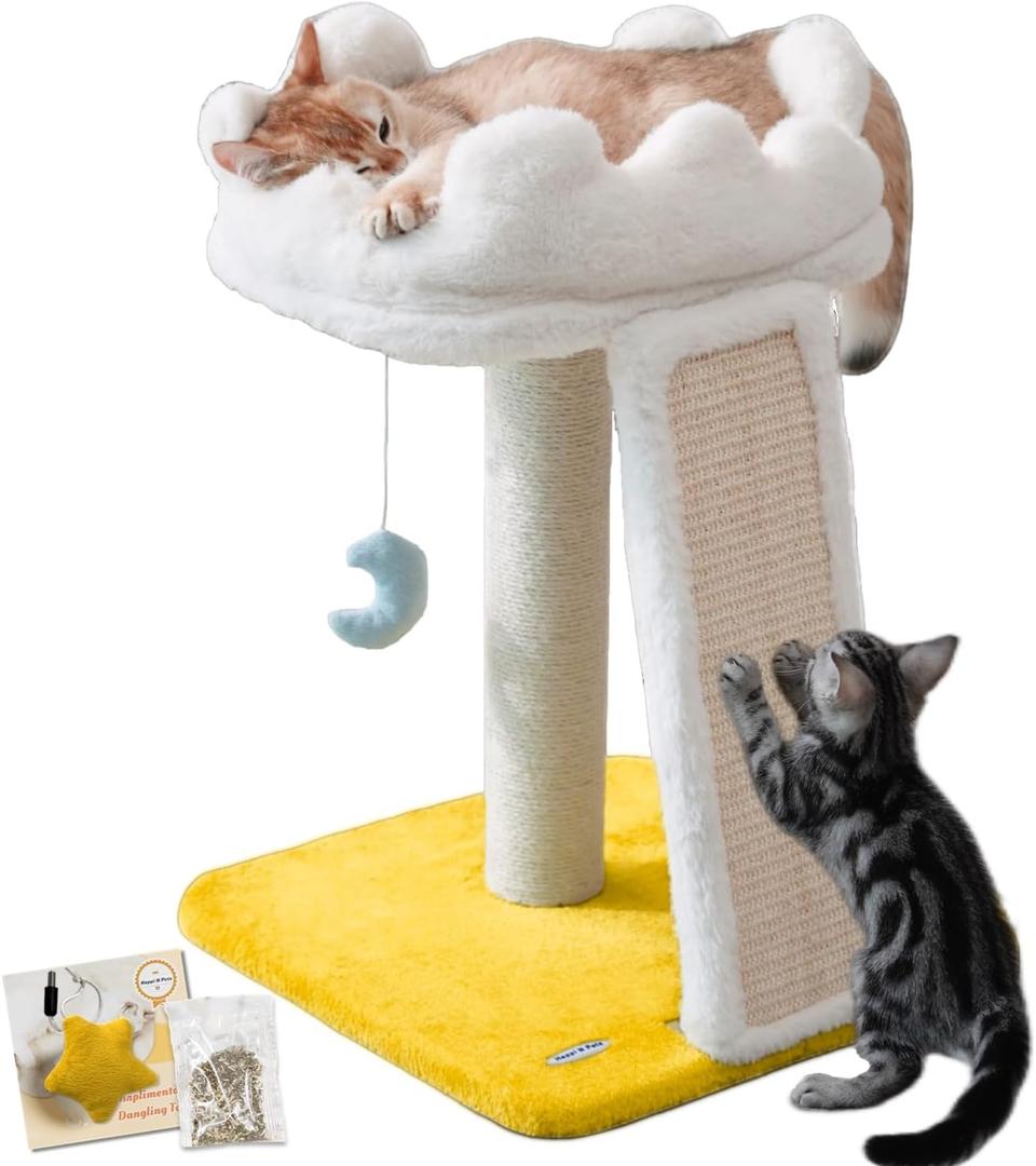 Happi N Pets New Cloud Cat Tree Tower, Cat Scratching Post with Bed, Small Cat Tree, Compact Cat Tower with Scratching Pad & Cloud Soft Perch & Cute Toys, Extra Toy, Bonus Catnip