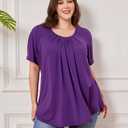 Plus Size Tunic Tops for Women Short Sleeve Summer Casual Tunics with Leggings Loose Fit Pleated Dressy Blouses (Purple, XXL)