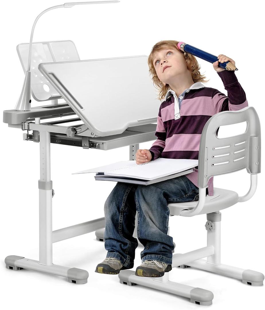Rengue Kids Desk and Chair Set, Height Adjustable Children School Functional Study Desk with 55° Tiltable Desktop, 3 Modes & Brightness LED Light, Storage Drawer & Metal Hook for Boys Girls (Grey)
