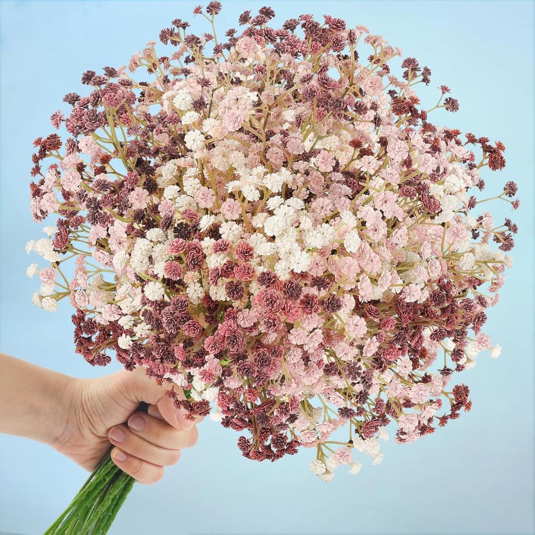 N&T NIETING Baby Breath Flowers Artificial Bulk, 15Pcs Fake Gypsophila Plants Bouquets Flowers Real Touch Faux Babies Breath Arrangement for Home Wedding Party Vase Decoration Fall Pink