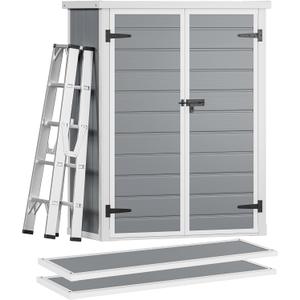 DWVO 4.3x2x5.5ft Outdoor Vertical Storage Shed with 2 Shelves, 50 Cu Ft Waterproof Resin Garden Shed with Lockable Door, Plastic Tall Tool Cabinet for Garbage Cans, Lawn Garden Supplies (Gray)