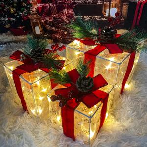 Christmas Decorations Indoor, Purtuemy Set of 3 Christmas Lighted Gift Boxes 60 LED Light up Xmas Present Ornament for Tree Indoor Outdoor Yard Holiday Door, Xmas Lights, Warm White, UL Plug (red)