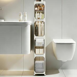 4-Tier Slim Bathroom Storage Cabinet, Tall Narrow Storage Cabinet with Movable Wheels, Adjustable Shelves, Skinny Bathroom Storage Organizer for Small Space, Bathroom, Kitchen, Laundry, Cream White