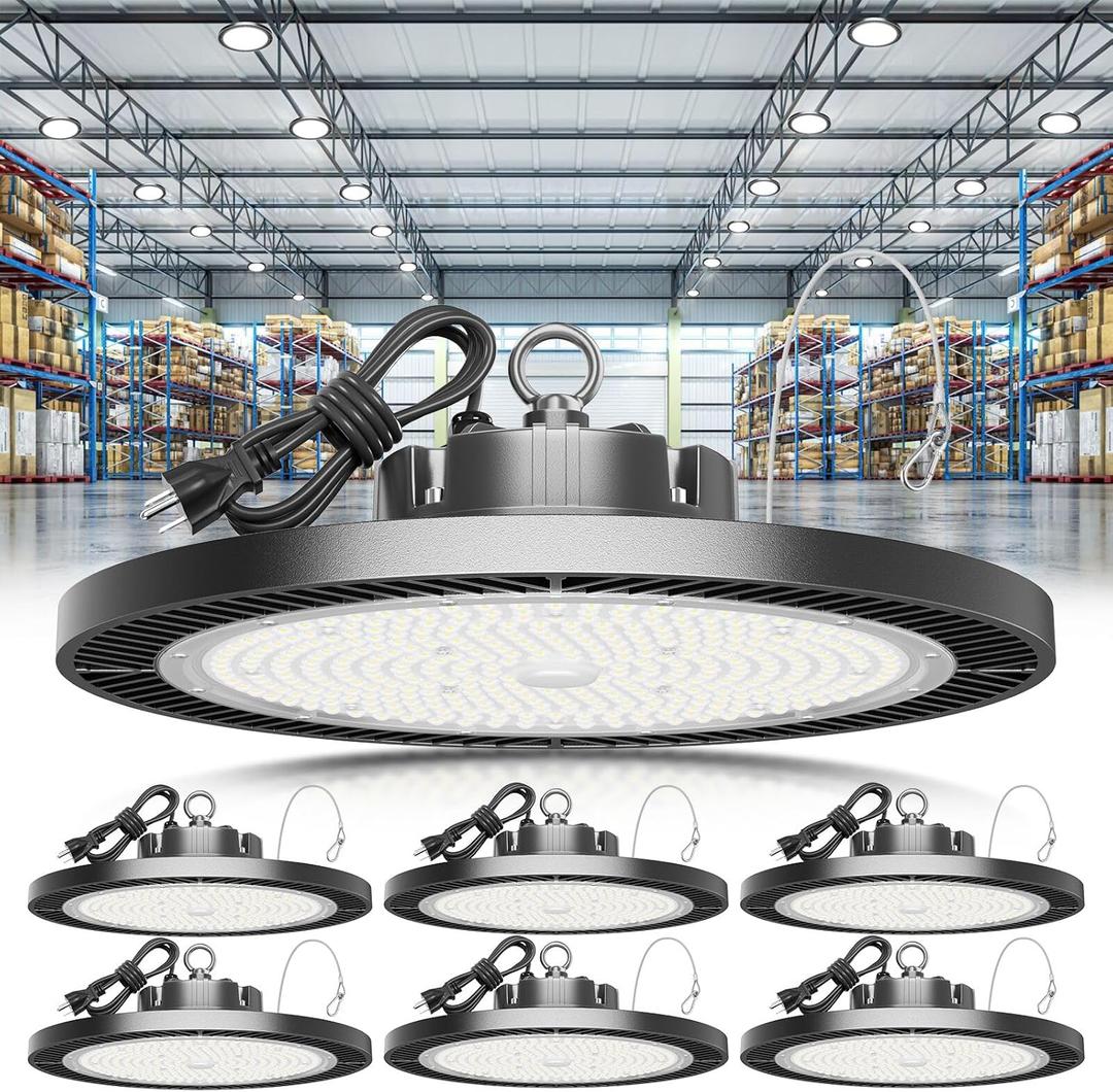Super Bright 250w UFO LED High Bay Light 35000lm with Plug 5ft Cable (Eqv.1000w Mh/Hps/Hid),5000k High Bay Led Shop Lights Garage Lighting for Garage Factory Workshop Warehouse Barn -6pack