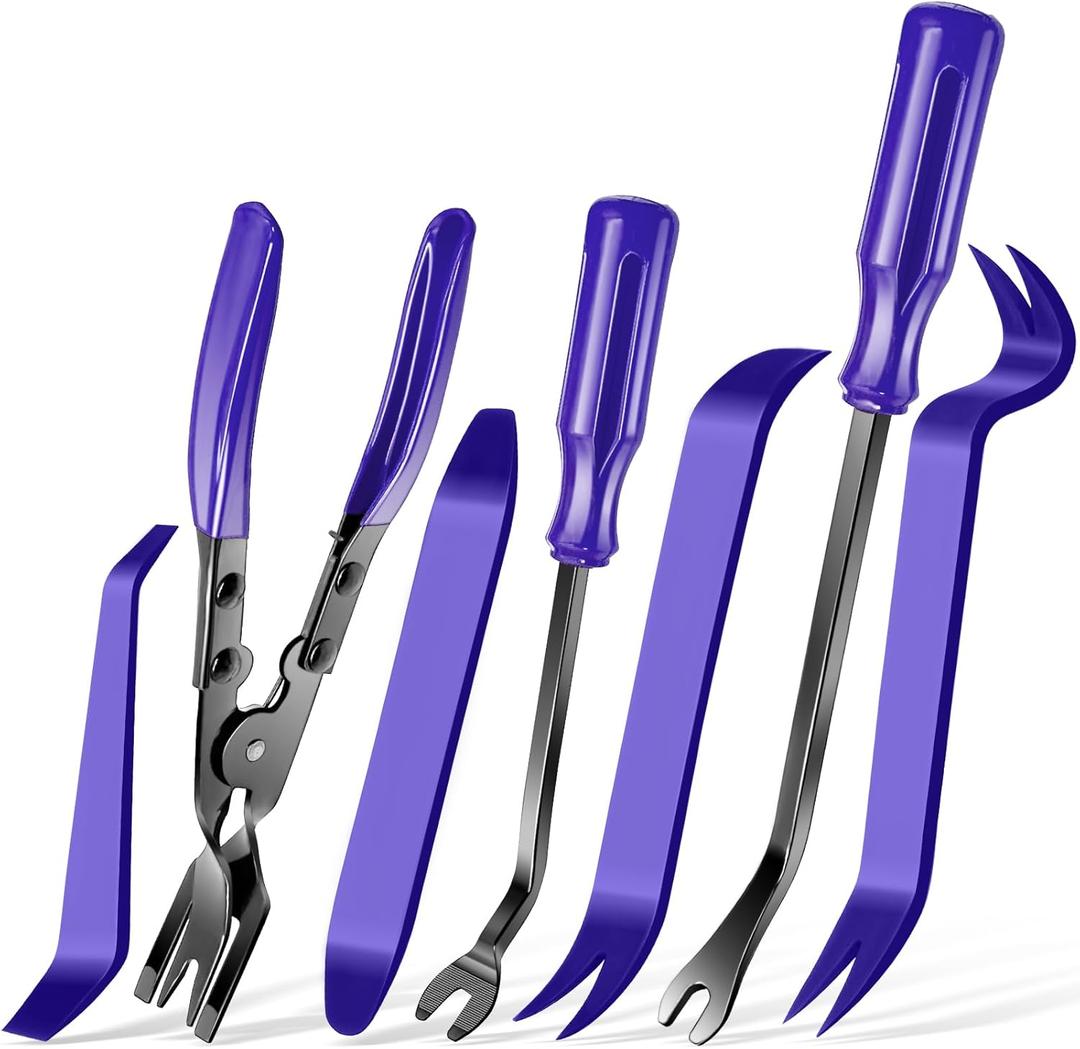Keze 7 Pcs Auto Plastic Trim Removal Pry Tool & Clip Plier Remover Kit for Removal Car Body Upholstery Door Panel Dashboard Automotive Push Rivets Fasteners-Blue