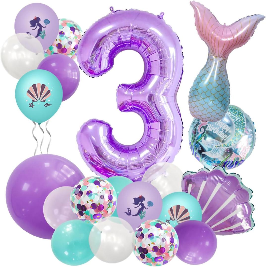 40-inch Purple Number 3 Balloon, Giant Large Number 3 Balloon, 3rd Birthday Mermaid Balloons, Children's Birthday Party Baby Shower Decoration Supplies (Purple 3), 3-year-old birthday balloon kit