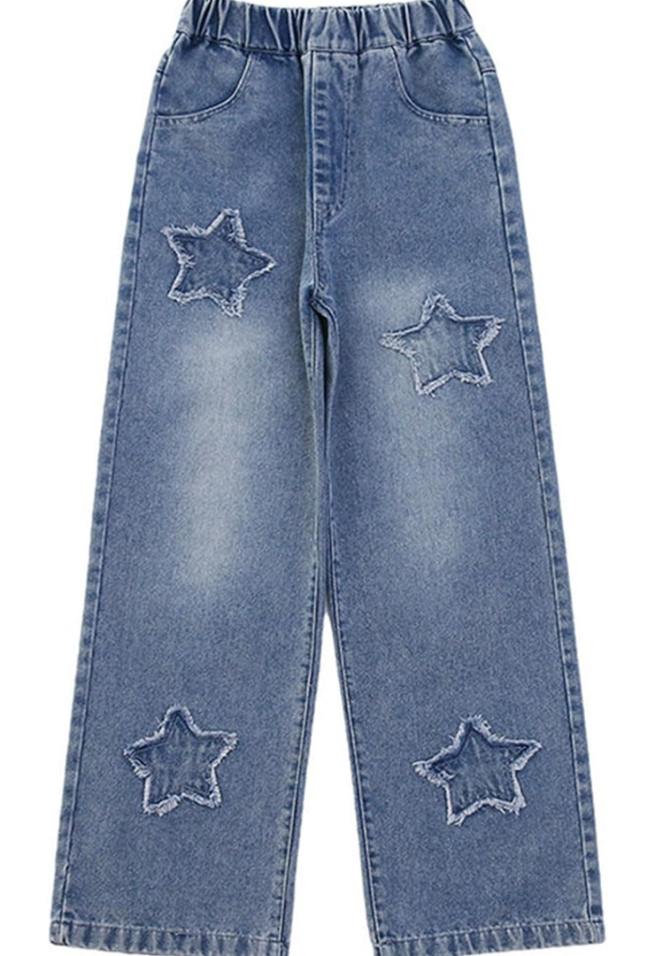 Boy's Cute Star Baggy Denim Pants Elastic Waist Pull On Jeans Straight Wide Leg Jeans for Teen Boys 8-14 Years