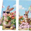 Funny Easter Bunny Kitchen Towels Decorative, Easter Gifts for Kids Bunny Lovers, Spring Tulip Flower Rabbit Hand Towels for Kids Bathroom, 16x24 Inch Set of 2