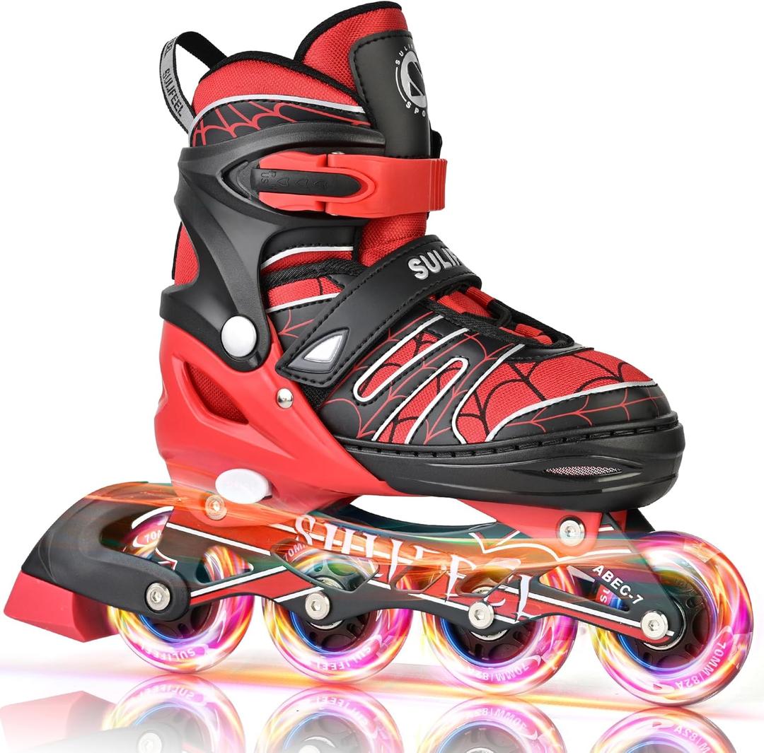 SULIFEEL Rainbow Unicorn Inline Skates for Girls Boys 4 Size Adjustable Light up Wheels Skates for Kids Beginner (Medium - Big Kid, D Spider Red)