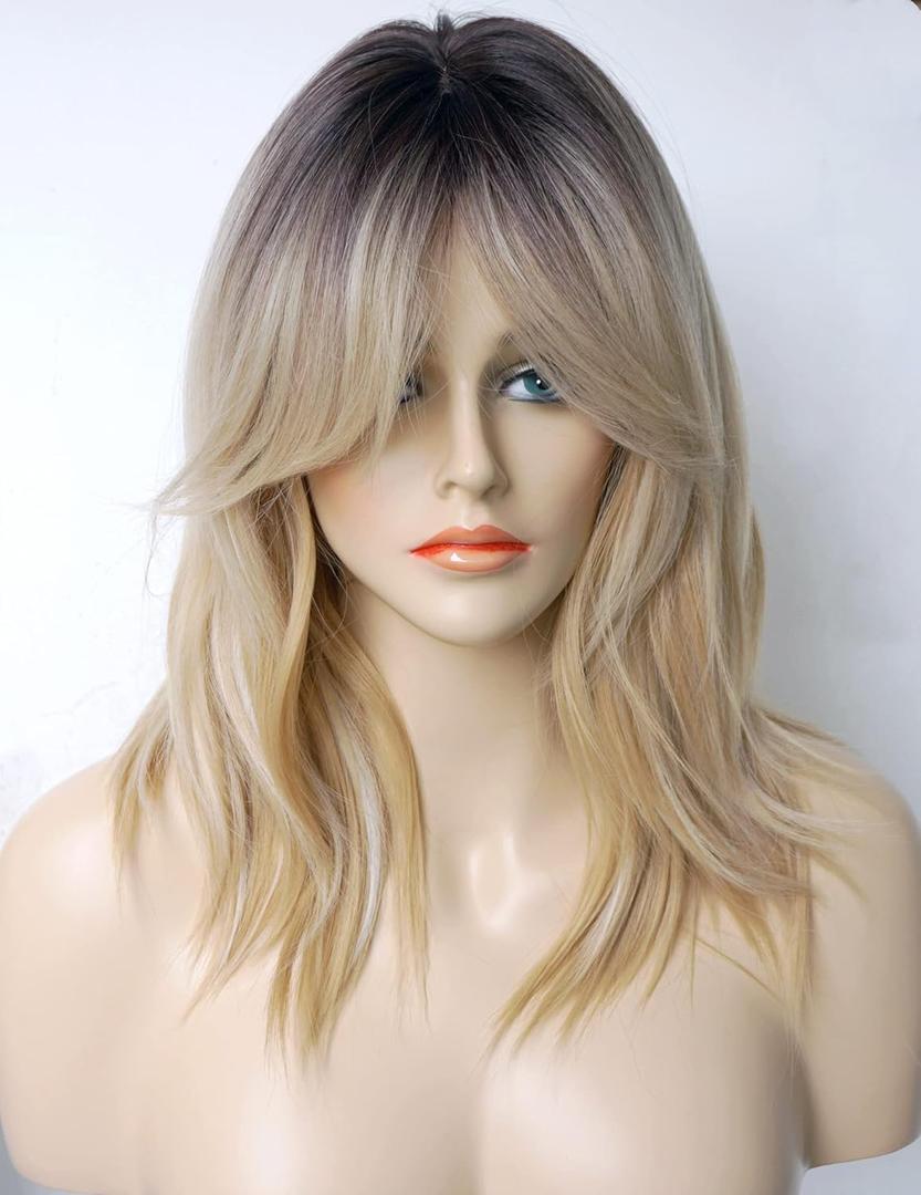 Short Wavy Blonde Wigs ombre for white women medium length wolf -tail wave wig with bangs Synthetic wig Highlight for white Women (Blonde Mixed 3165)