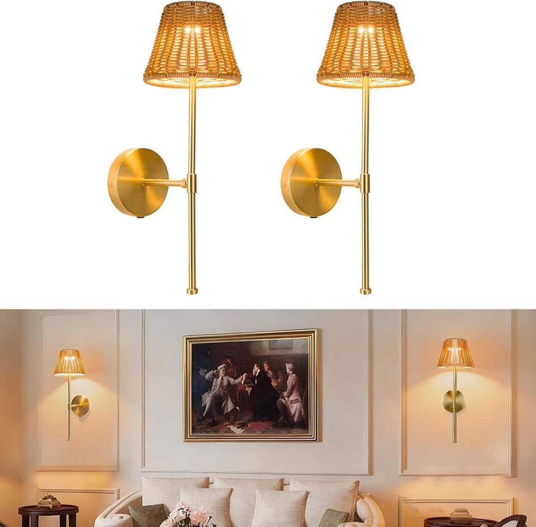 Dimmable Rechargeable Wall Sconce, Battery Operated Wall Light with 3 Color Temperatures & Touch Control, No Wiring Needed, Hand Woven Boho Rattan Lamps Set of 2 for Living Room, Bedroom (Rattan)