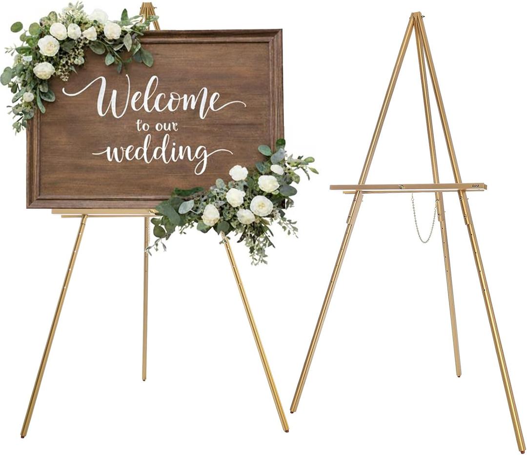 DJAR 63" Wooden Easel Stand for Sign, Dual-use Adjustable Height, Wood Floor Display Easel for Wedding, Welcome Board, Poster, Picture, Photo- Gold