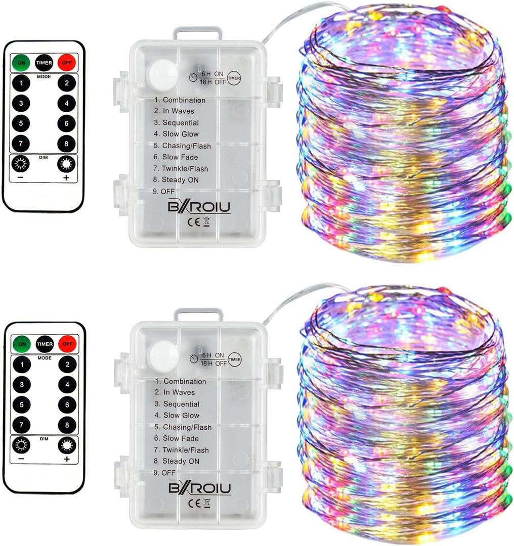 BXROIU 2 x Fairy Lights Battery Operated, Silver Wire Chains 8 Mode 5M 50 LEDs Timer String Lights with Remote Control for Bedroom Christmas Party Wedding Decoration (Multicolor) (2Pack(3AA,not included)Multicolor)