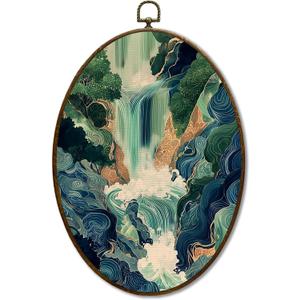 JQF Vintage Japanese Oval Wall Decor, Oriental Japandi Oval Canvas Wall Art, Blue Green Japanese Waterfall Landscape Framed Prints Hanging Decor for Home Bedroom Living Room, 8.5x11.5 Inch
