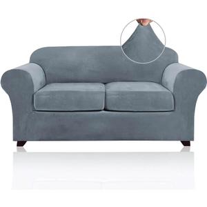 PrinceDeco Velvet Couch Cover Loveseat Covers for 2 Cushion Couch 3 Piece Sofa Covers for Dogs Washable Loveseat Covers Width Up to 72 Inch No Slip Stretch Sofa Slipcover(Medium, Stone Blue)