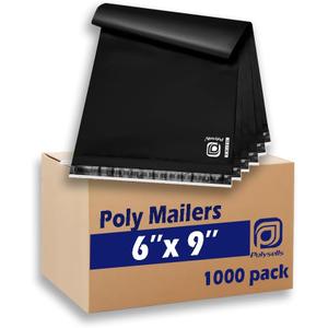 POLYSELLS 1000 pcs 6x9 Inches Black Poly Mailers Shipping Envelopes, Strong Adhesive Sealing, Waterproof, and Tear-resistant Postal Mailing Bags for Clothing, Books, and Accessories