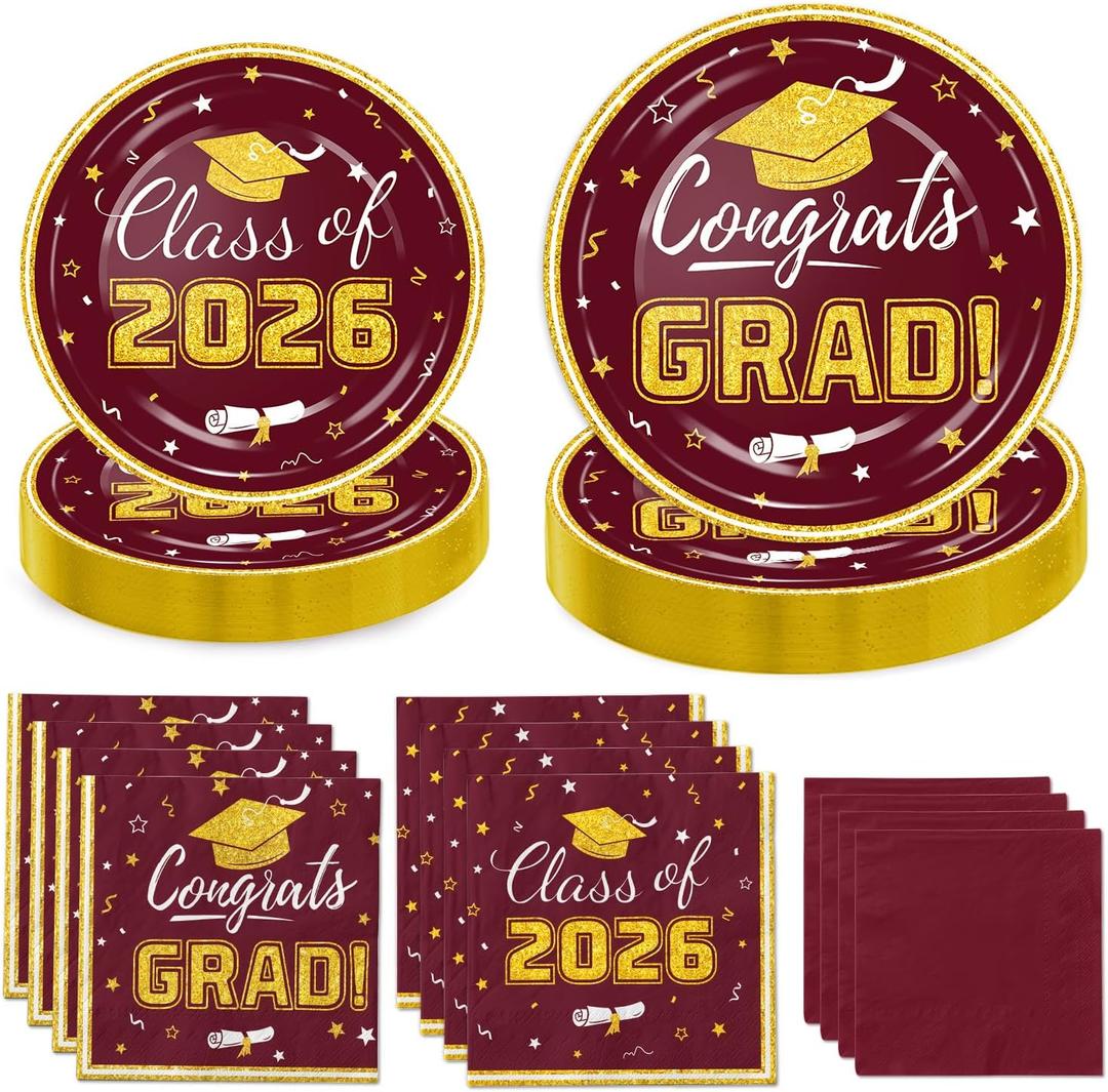Graduation Party Plates and Napkins 2026 Congrats Grad Disposable Paper Plates Decorative Napkins Cocktail Napkins for Maroon and Gold Graduation Party Decorations, Serve 50