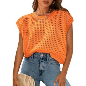 PRETTYGARDEN Womens Spring Tops 2026 Summer Shirts Crochet Cap Sleeve Sweater Pullover Cute Beach Vacation Clothes, Large