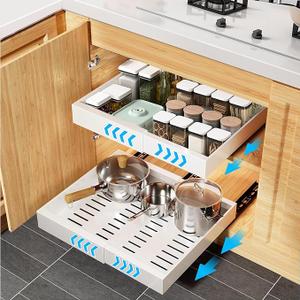 Pull Out Cabinet Organizer, Expandable(12.4"-20.5") Pull Out Drawers for Cabinets, Adjustable Adhesive Slide Out Drawers for Kitchen Cabinets, Cabinet Pull Out Shelves for Kitchen, Pantry (White)