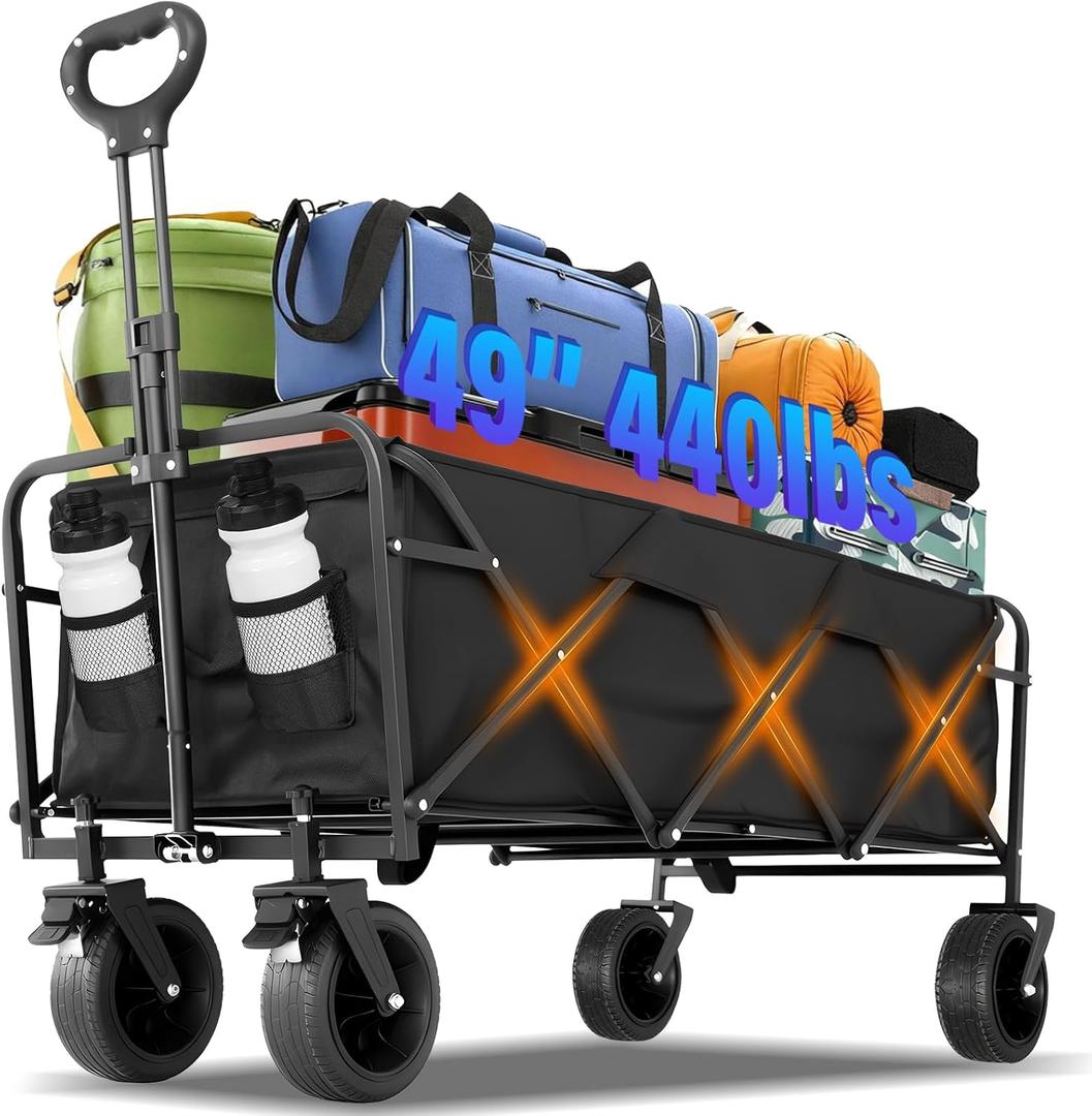 49" Extra Long Wagons Carts Foldable, 440 LBS Large Capacity Collapsible Wagon Heavy Duty with Wheels, Portable Utility Folding Wagon for Beach, Garden & Camping