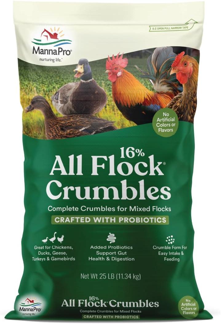 Manna Pro All Flock Crumbles, 16% Protein, Complete Feed for Poultry & gamebirds. Contains probiotics for Digestion, no Artificial Colors or Flavors. Easy-to-Feed Crumbled Form, 25 lbs.