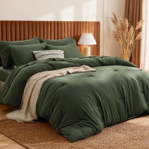 Bedsure California King Size Comforter Set, Dark Green Soft Prewashed Bedding for All Seasons, 7 Pieces Warm Winter Down Alternative Bed Set, Fluffy Bed in a Bag with Sheets, Pillowcases & Shams