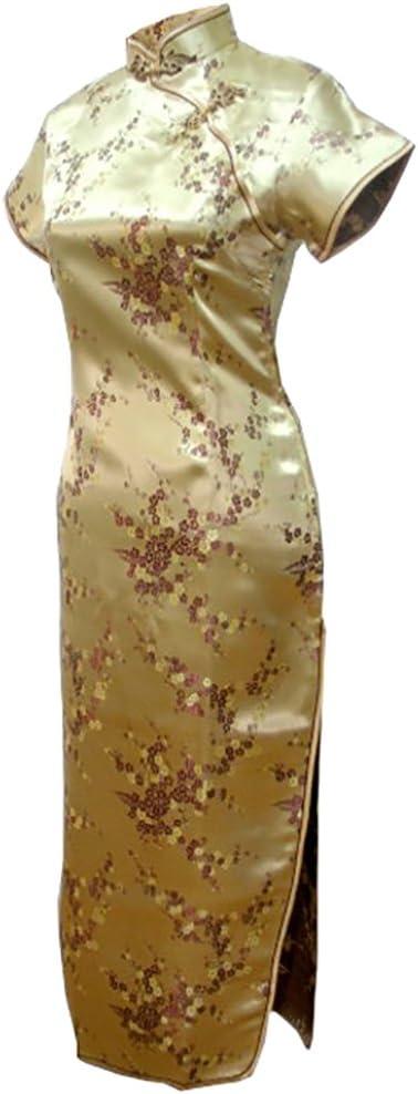 7Fairy Women's Sexy VTG Gold Floral Long Chinese Prom Dress Cheongsam (Size 14)