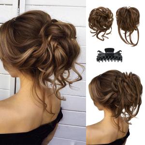 SARLA 2PCS Messy Bun Hair Pieces for Women Detachable Claw Clip Wavy Curly Synthetic Hairpieces for Updos with Tendrils Fake Scrunchies Ponytail Extension Chocolate