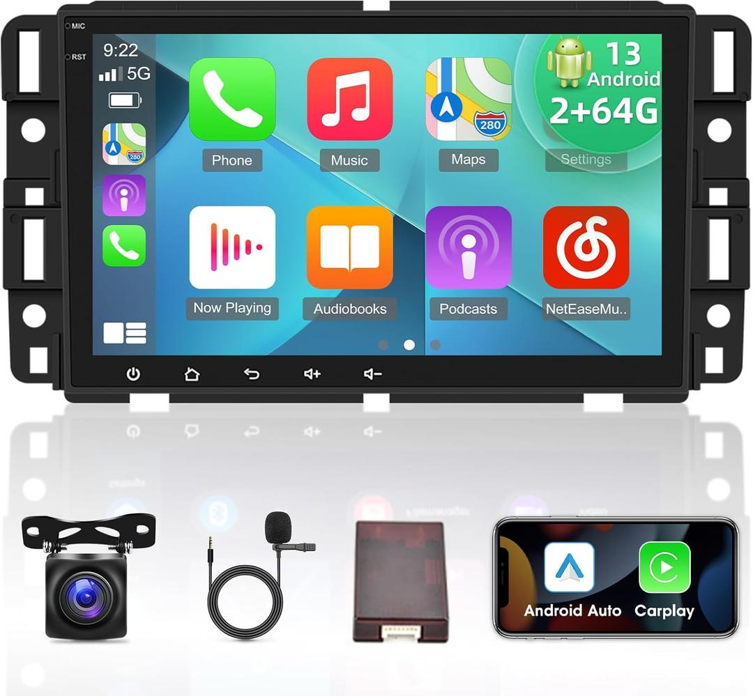 [2G+64G] Android 13 Car Radio for Chevy Silverado Chevrolet GMC Buick, 8 inch Touch Screen Stereo, Carplay/Android Auto/Hi-Fi Audio/1080P/SWC/Bluetooth + AHD Backup Camera