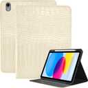Premium Leather Compatible with iPad (A16) 11th Generation 11 Inch Case 2025,iPad 10th Generation 10.9 Inch Case 2022,Pencil Holder Crocodile Auto Sleep/Wake Cover Women Girls-Creamy White