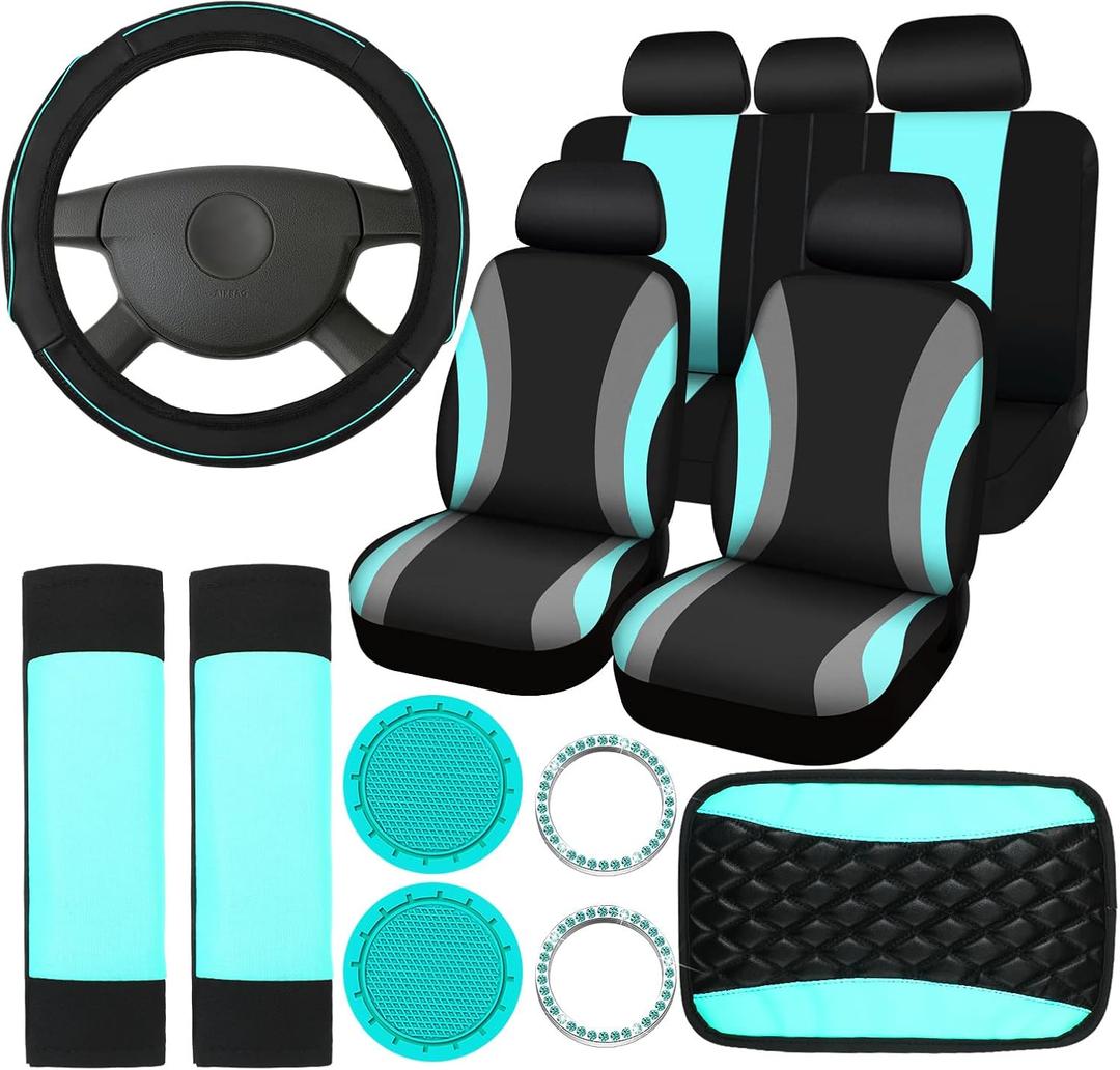 Sinmoe 17 Pcs Car Seat Covers Full Set, Steering Wheel Cover Center Console Pad Armrest Cover Seat Safety Belt Pad Seatbelt Covers Cup Mats Car Emblem Ring Sticker Accessories Set(Black, Mint)
