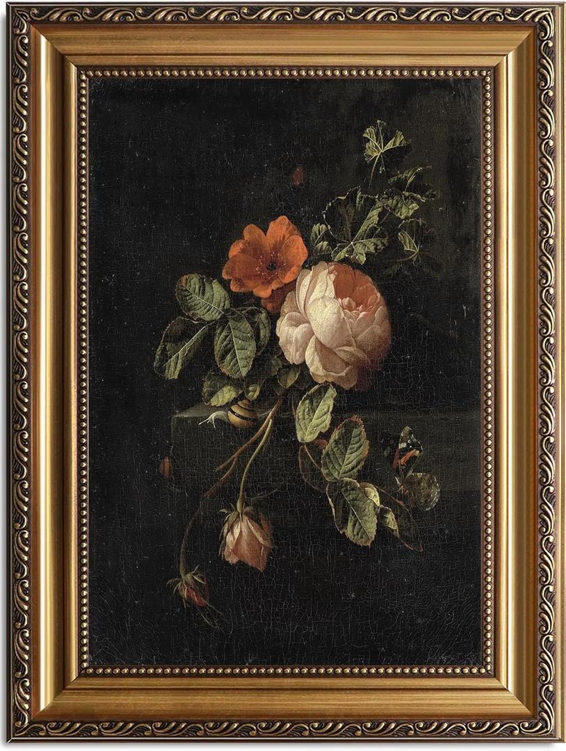ASTRDECOR Framed Canvas Wall Art of Vintage Flower, Floral Rose Retro Picture Paintings, Botanical Floral Wall Artwork, Victorian Picture Framed Prints for Living Room Gallery Decor - 16x24inch (Bouquet)