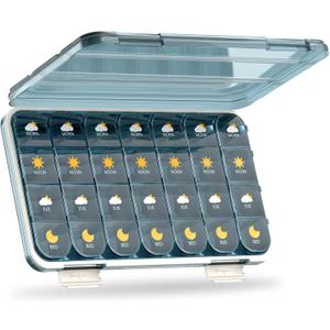 Pill Organizer 7 Day, Weekly Pill Box, Pill Case Large 28 Compartment, Portable Daily Medicine Container (Blue) (Blue, Large)