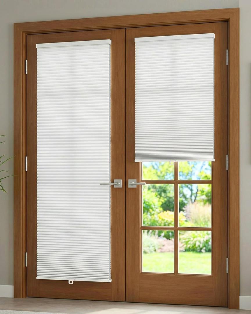 No Drill Cellular Shades for French Doors, Cordless Light Filtering Honeycomb Shades for Patio Door Privacy, Install with Adhesive Foam Tape OR Drillable Mount, 1 Pack, 27" W x 78" H, White