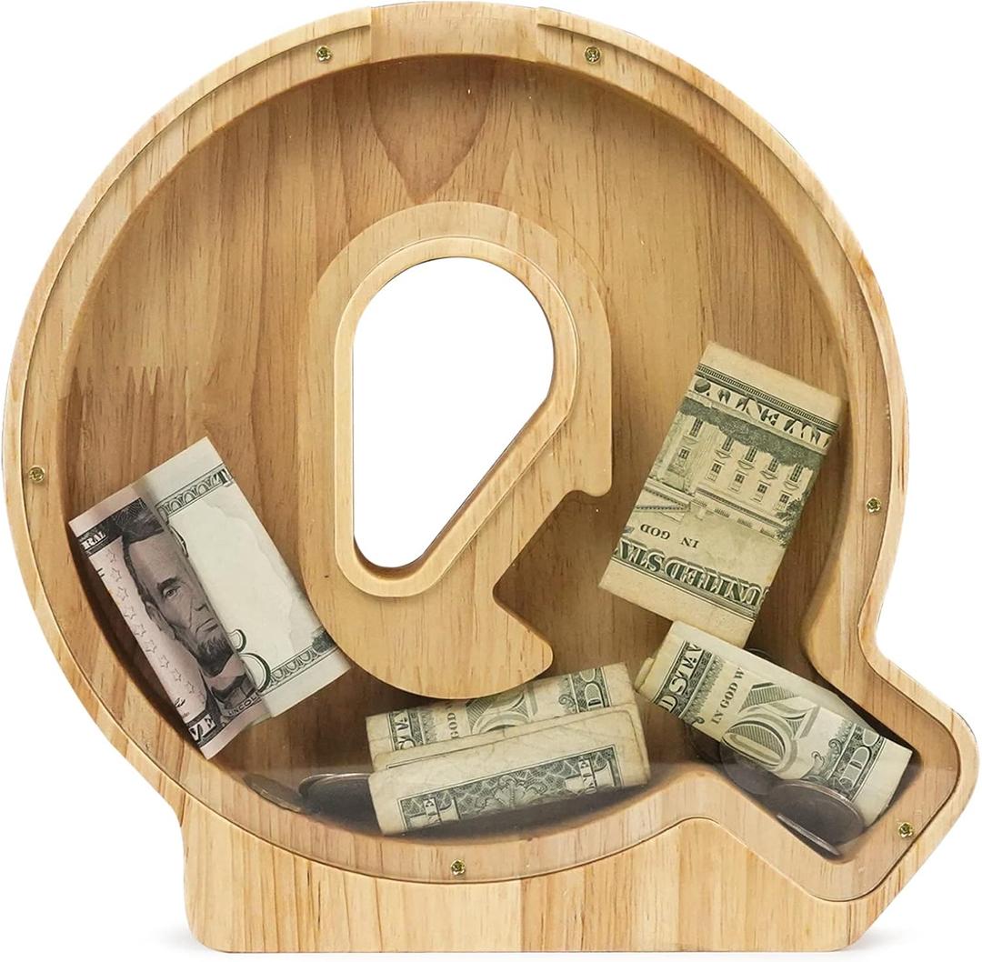 WOOD CITY Letter Piggy Bank for Adults Boys Girls Kids, Wooden 9 inch Large Personalized Bills and Coins Bank Money Box, Customized Name DIY Creative Gift for Real-Money, Alphabet Decorations (Q)