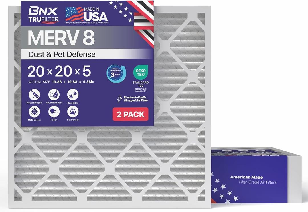BNX TruFilter 20x20x5 (19.88’’ x 19.88’’ x 4.38‘’ Honeywell Compatible 4”) MERV 8 Air Filter (2-Pack) - MADE IN USA - HVAC AC Furnace Filters Dust, Pet, Mold, Pollen MPR 600 FPR 5