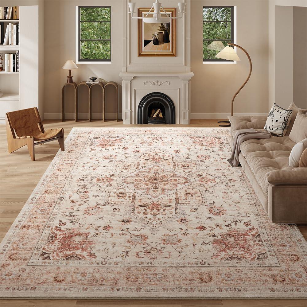 8x10 Orange Washable Area Rug for Living Room, Vintage Print