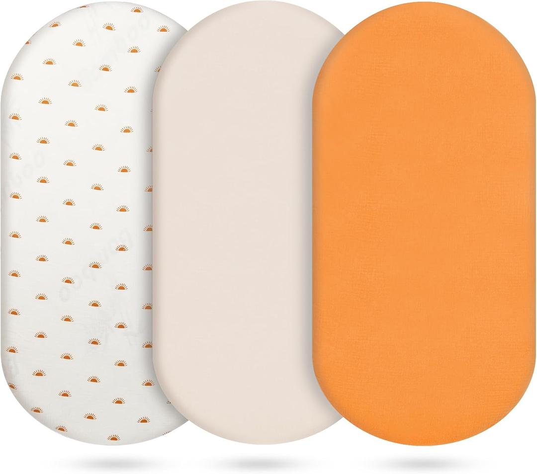 Muslin Bassinet Sheets 3 Pack, Orange | Cotton, Baby Girl and Boy, Breathable, Oval Fitted, Universal Rectangle & Oval, 28x14 to 33x18
