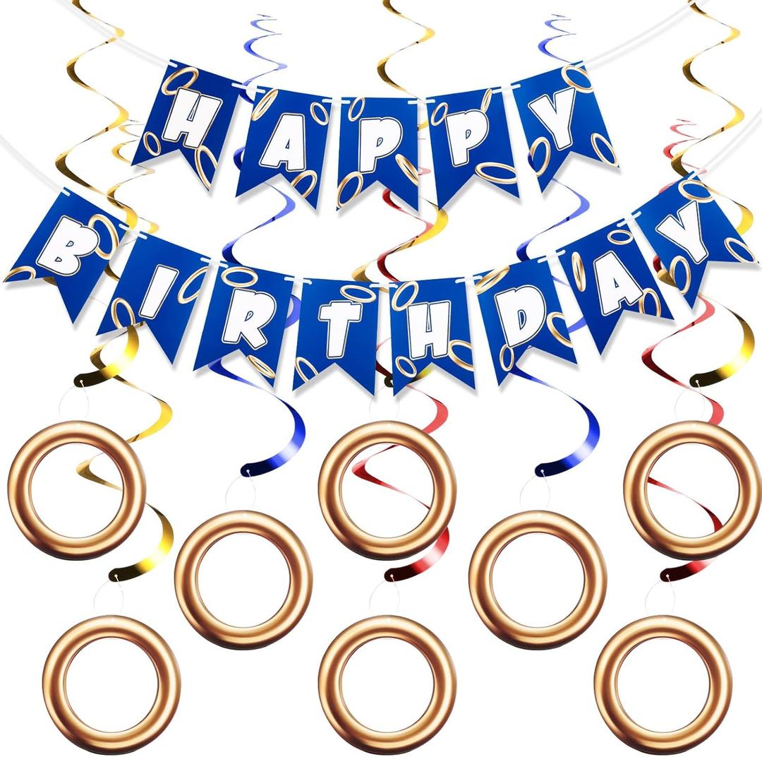 Epakh Blue Gold Birthday Banner with 8 Pcs Ring Hanging Swirl Decorations Cartoon Print Themed Happy Birthday Party Supplies for Family Celebrations Home Decor