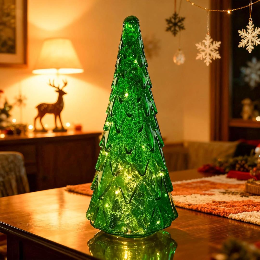 Tabletop Christmas Tree Decoration, 12 inches Tall  Green Blown Glass LED Christmas Tree  Indoor Holiday Light Decoration