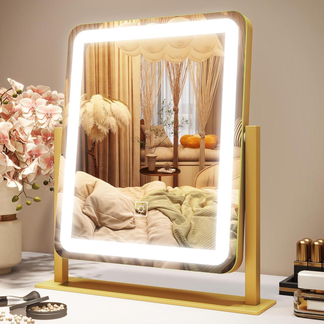 Vanity Mirror with Lights, 12.6"15" LED Makeup Mirror, Lighted Makeup Mirror with Lights, Smart Touch Control Dimmable 3 Modes Light, Lighted Up Mirror for Makeup Desk, Gold (13"L x 15"W)