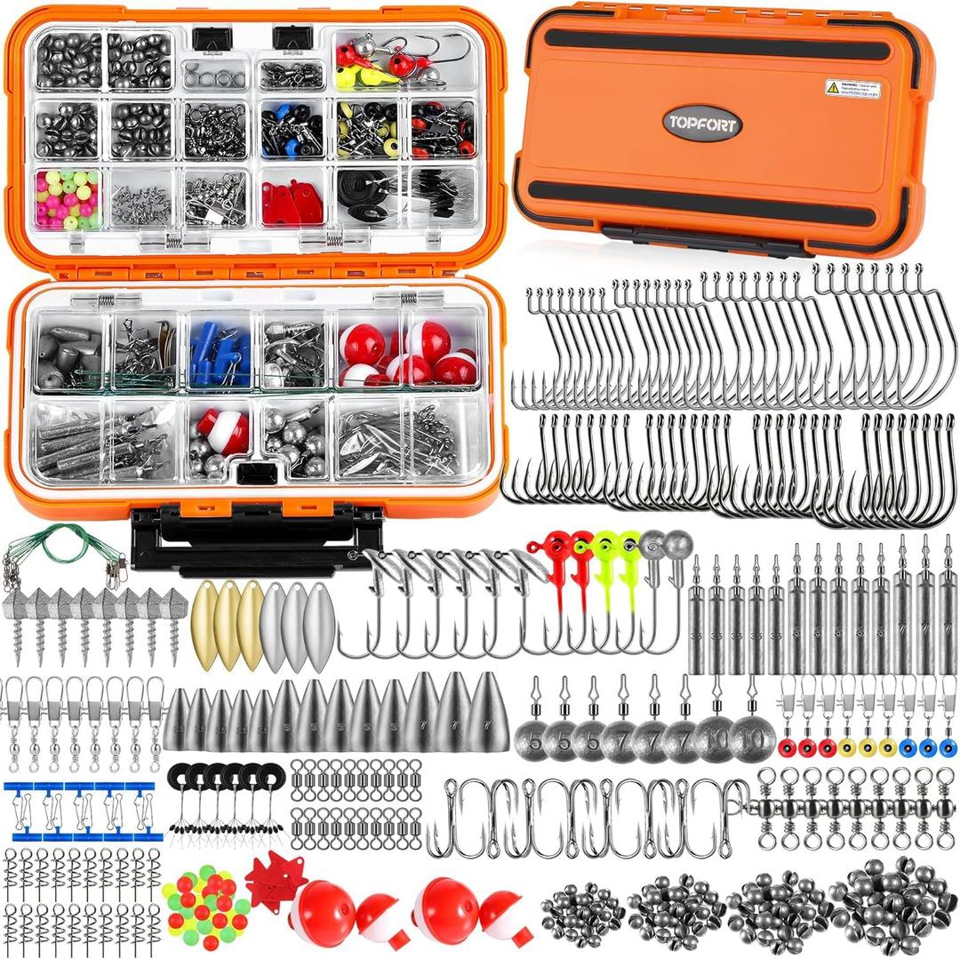 TOPFORT 187/343pcs Fishing Accessories Kit, Organized Fishing Tackle Box with Tackle Included, Fishing Hooks, Fishing Weights Sinkers, Fishing Gear and Equipment, Fishing Gift for Men