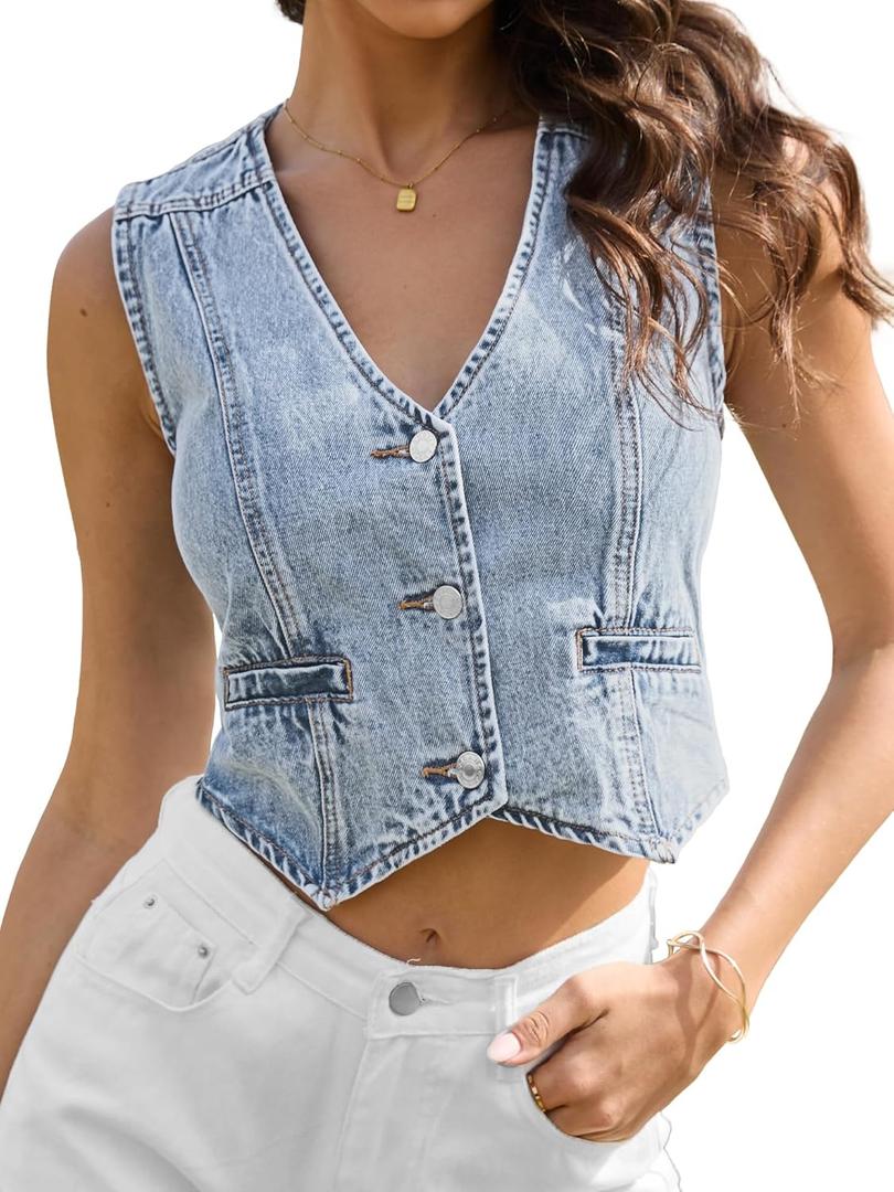 ELLEVEN Womens Summer Cropped Denim Vest, V-Neck Crop Western Jean Vest Top for Women Country Trendy Outfits (Medium, Light Blue Denim)