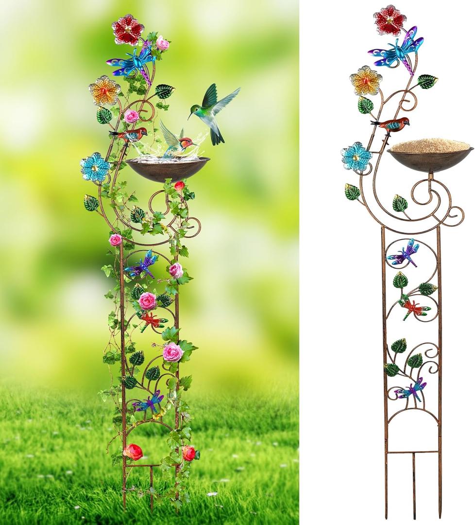 57 Bird Bath with Garden Trellis for Climbing Plants Outdoor, Small Decorative Metal Birdbath Bird Baths, Dragonfly (Dragonfly)