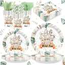 168PCS Wild One Party Supplies for Boys Girls Kids Jungle Animals Party Decorations Forest Themed Plates and Napkins Cups Forks Knives and Straw Tableware for Birthday Serve 24 Guests