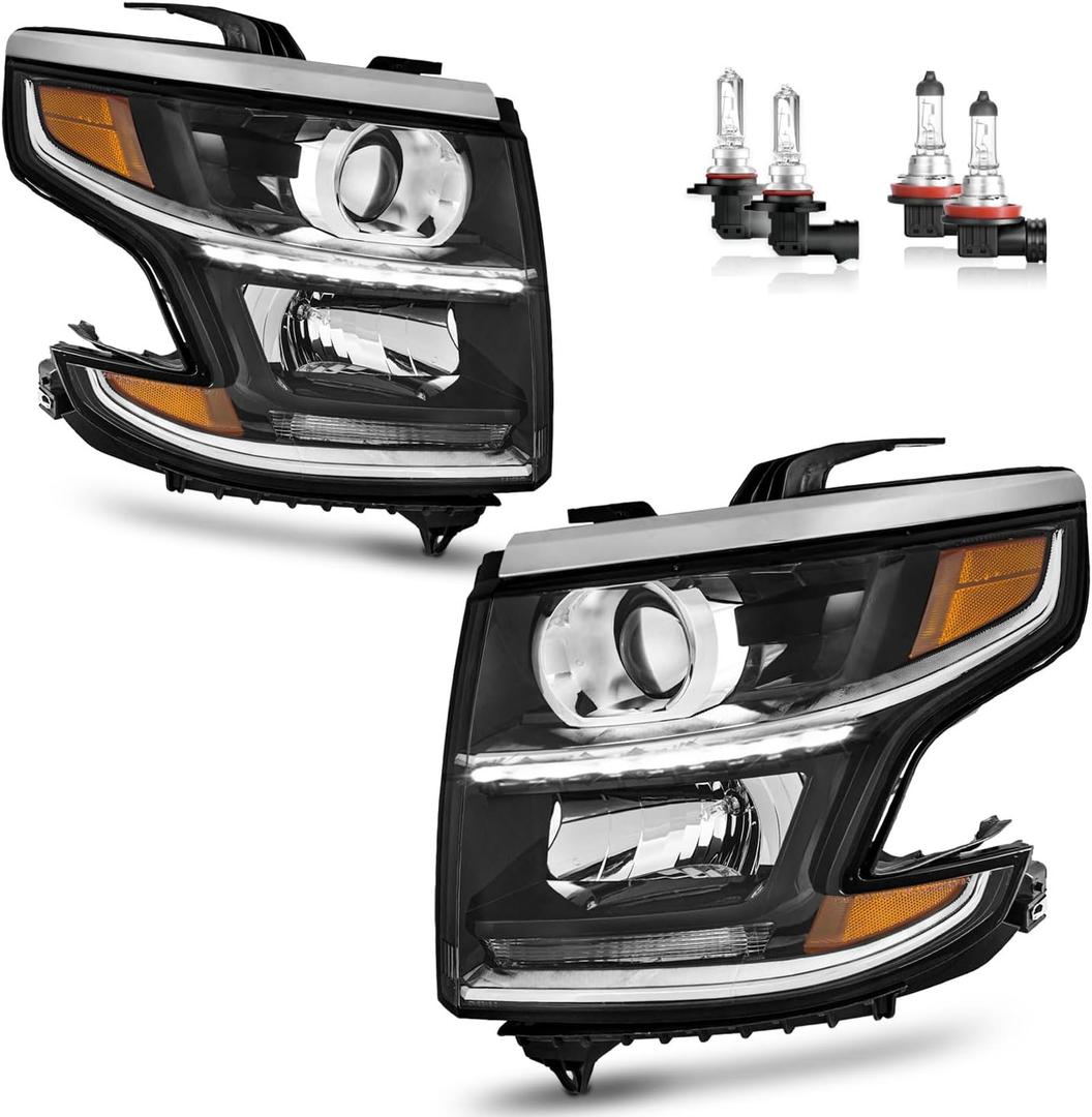 Headlights LED DRL Projector W/Bulbs for 2015-2020 Chevy Tahoe/Suburban, 2016-2019 Chevy Suburban 3500HD Driver& Passenger Side, Halogen
