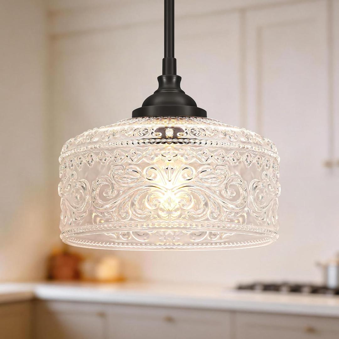Black Vintage Pendant Lights Kitchen Island, Adjustable Height Kitchen Island Lighting, Bathroom Pendant Light with Clear Glass Shade- Dual Mount Ceiling & Hanging Fixtures with 90 Swivel for Decor