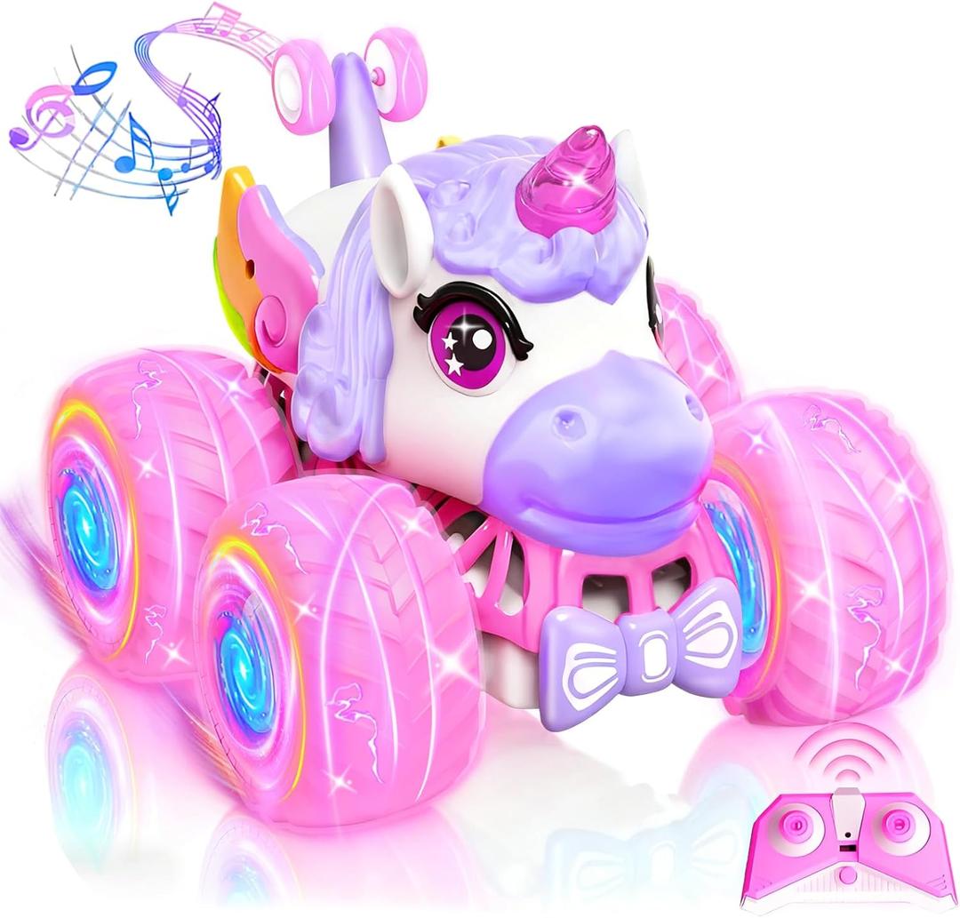 Remote Control Car for Girls, Unicorn Toys for Girls Age 3+, 360 Rotating 4WD 2.4 GHz RC Stunt Cars with Light and Music, Unicorn Birthday Gifts Presents for 3 4-6 6-8