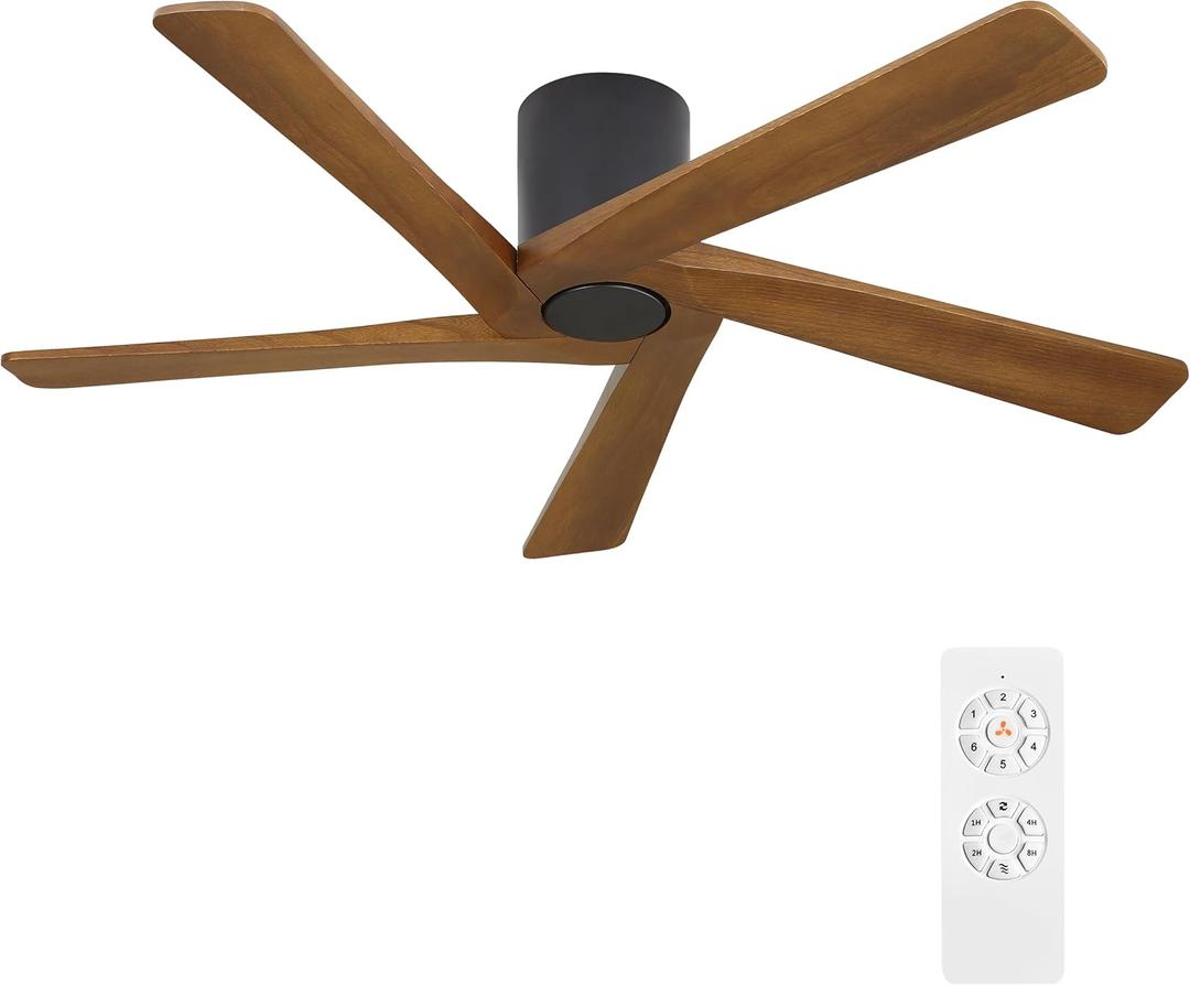 WINGBO 54 Inch Flush Mount DC Ceiling Fan without Lights, 5 Reversible Carved Wood Blades, 6-Speed Noiseless DC Motor, Hugger Ceiling Fan No Lights in Matte Black Finish with Walnut Blades, ETL Listed